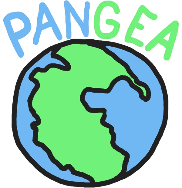 A stylized image of the earth with the word Pangea above it with 3 letters in blue (PAN) and 3 letters green (GEA).